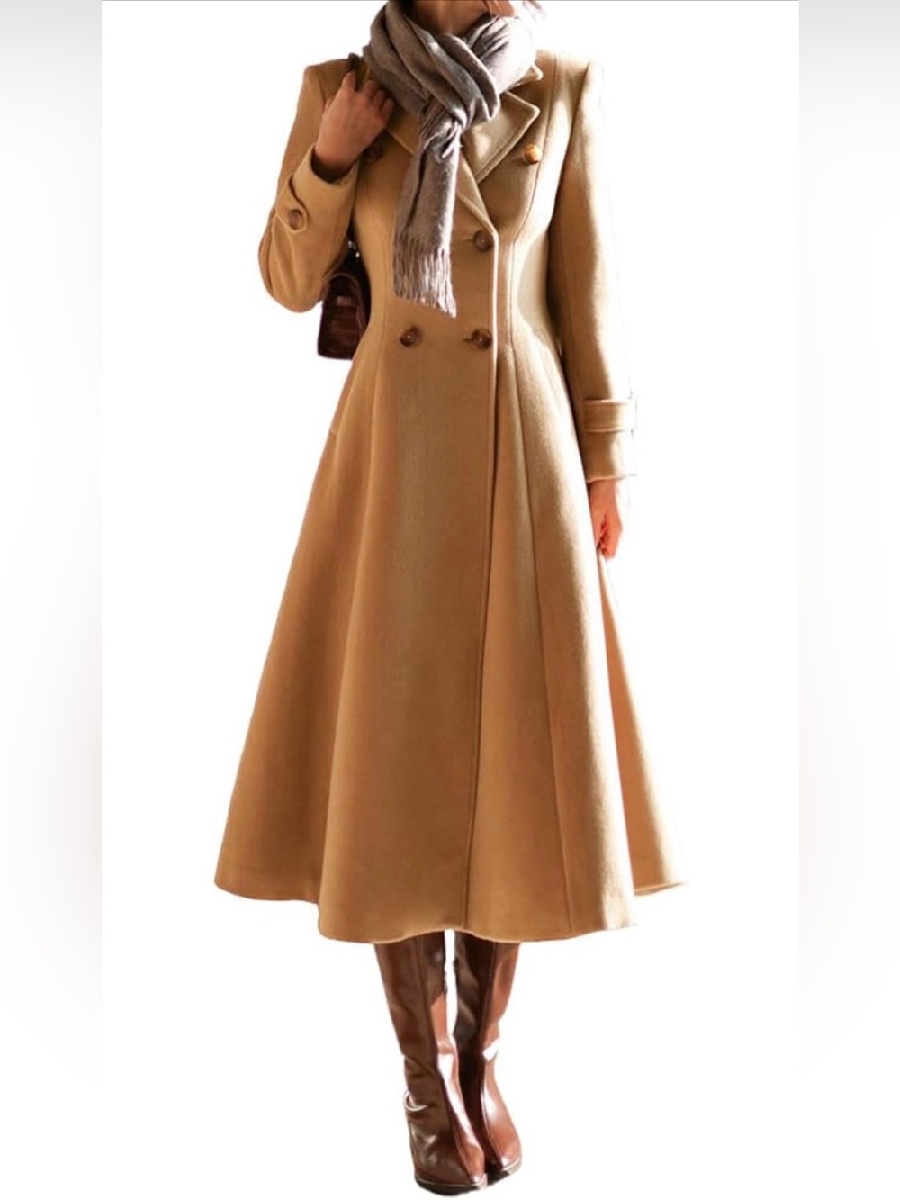 Camel Long Wool Blend Coat Women Fitted Double Breasted Peacoat Trench